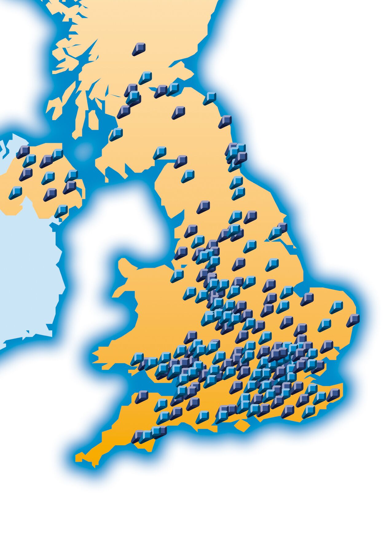 3D illustrated map of the UK with hundreds of blue cube pins marking 4Networking group locations across England, Wales, Scotland and Northern Ireland