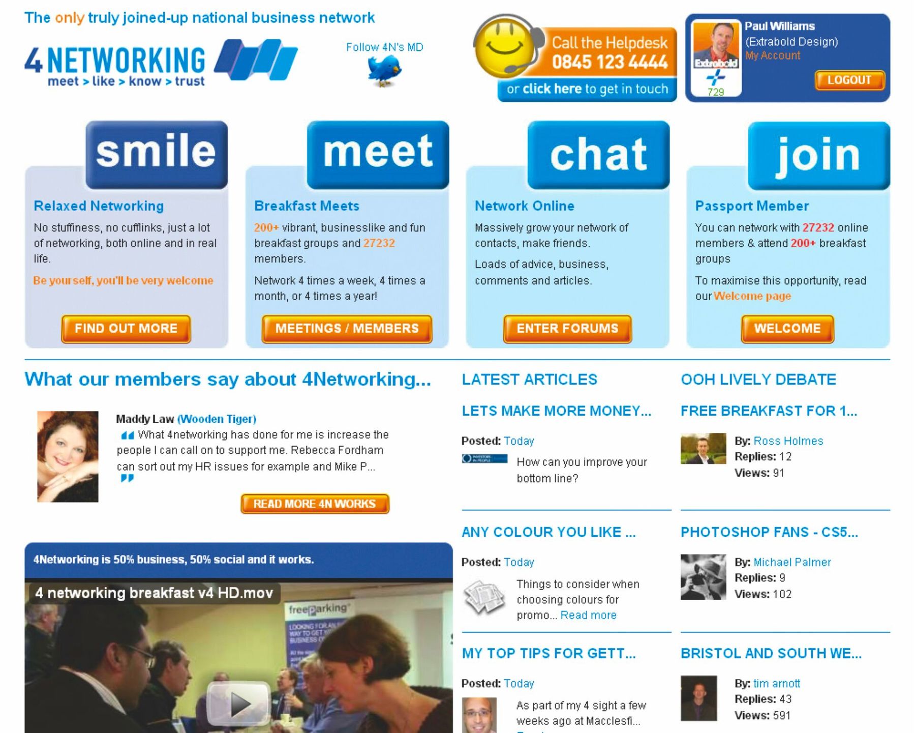 Screenshot of the original 4Networking website - 'meet · like · know · trust' tagline, smile/meet/chat/join blue tabs, 27,232 members and 200+ breakfast groups