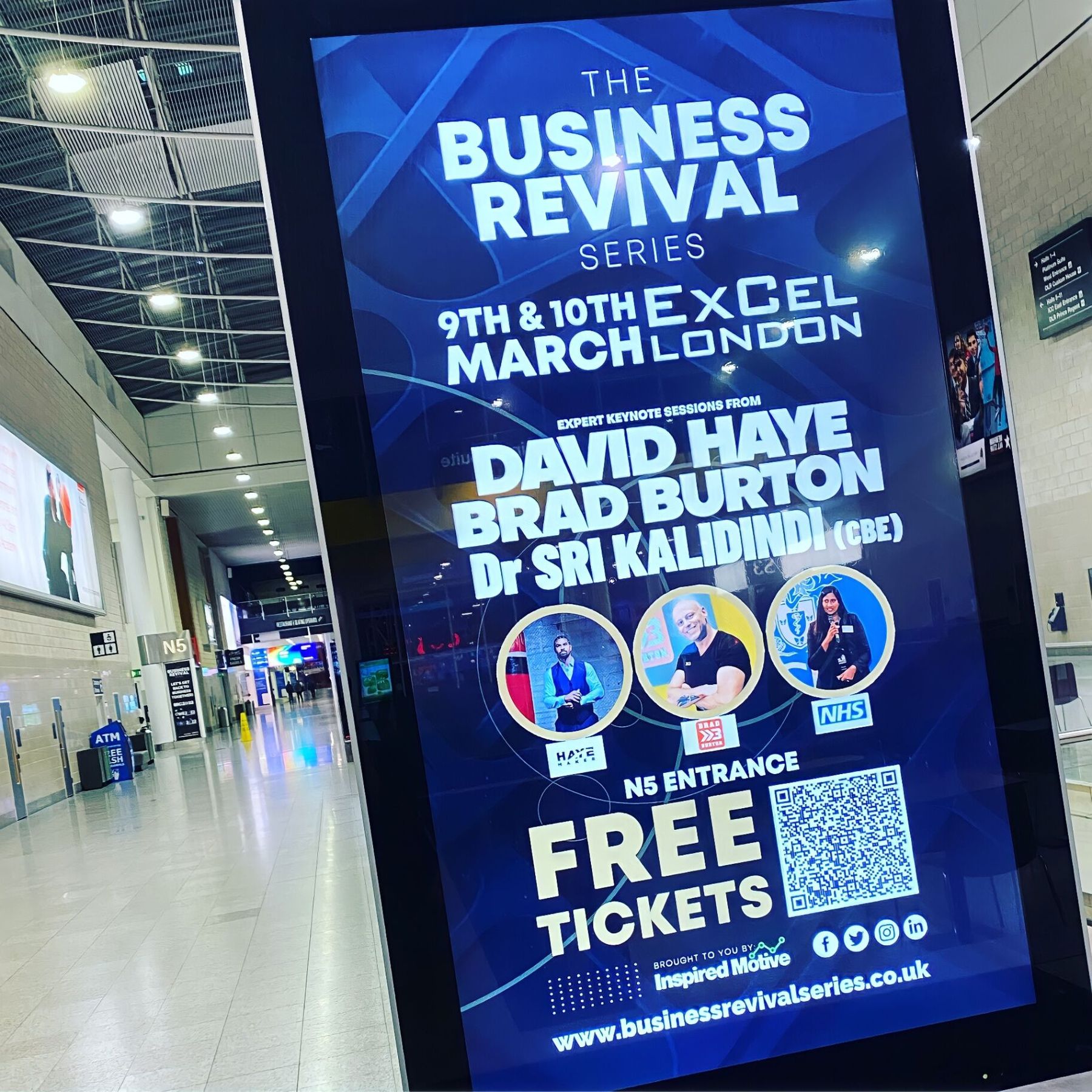 Business Revival Series billboard at ExCeL London featuring David Haye, Brad Burton and Dr Sri Kalidindi