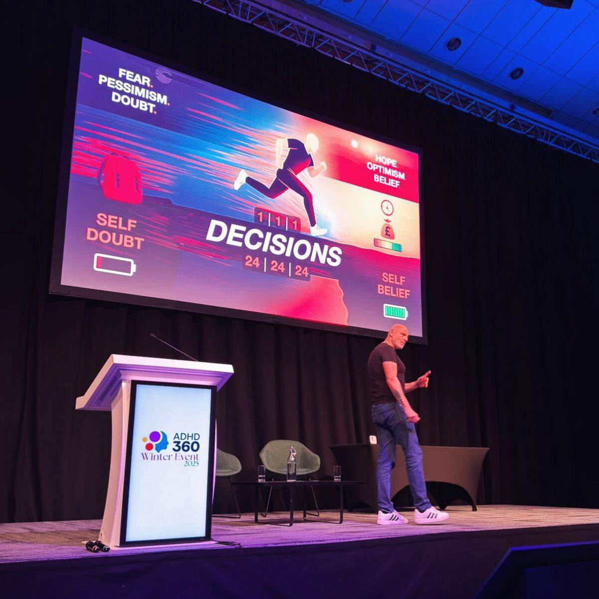 Brad on stage at the ADHD 360 Winter Event 2025 in front of a slide showing a runner, 'Fear. Pessimism. Doubt.' vs 'Hope. Optimism. Belief.' and the 24|24|24 Decisions framework