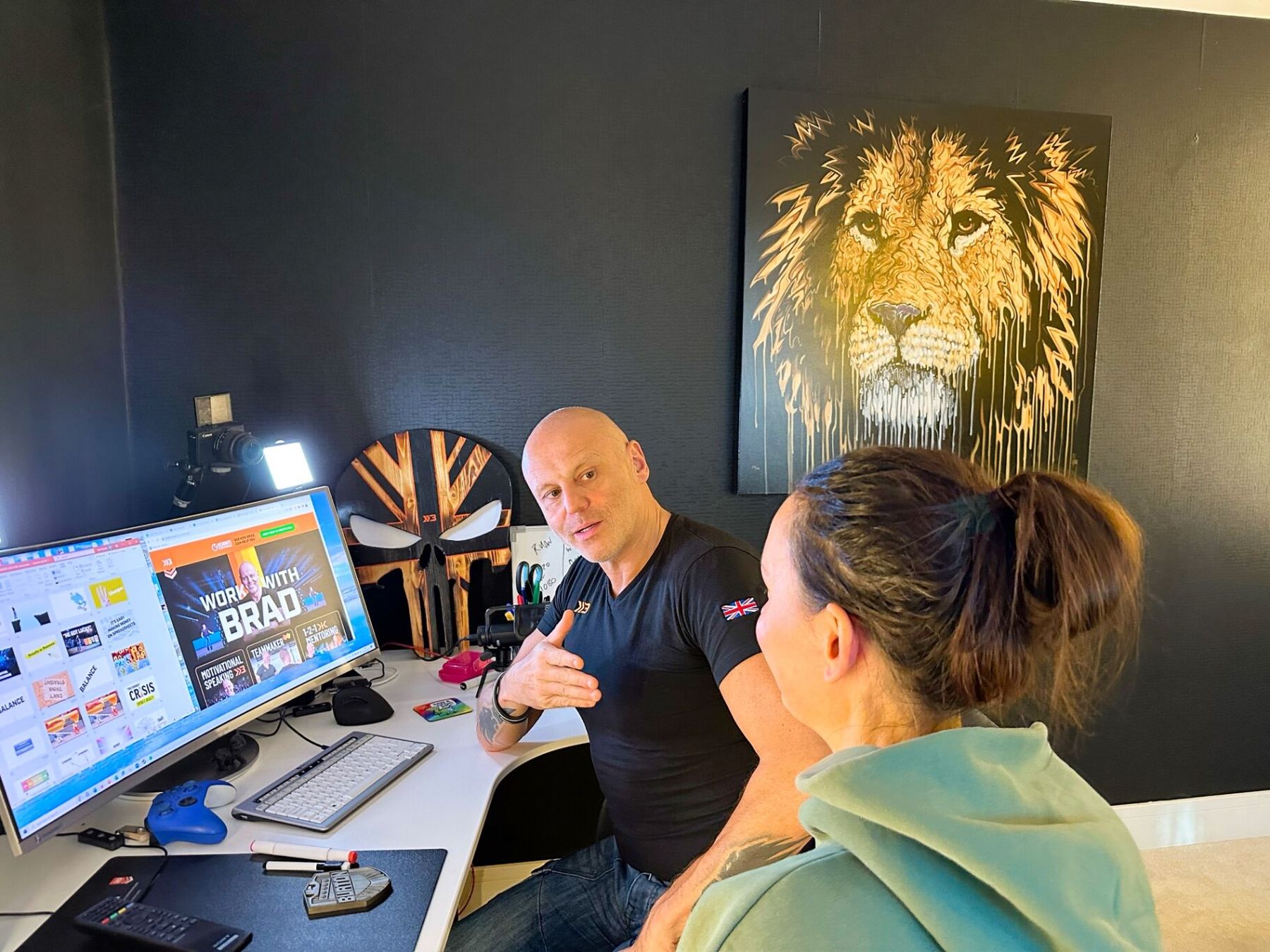 Brad in his Taunton studio with the lion canvas
