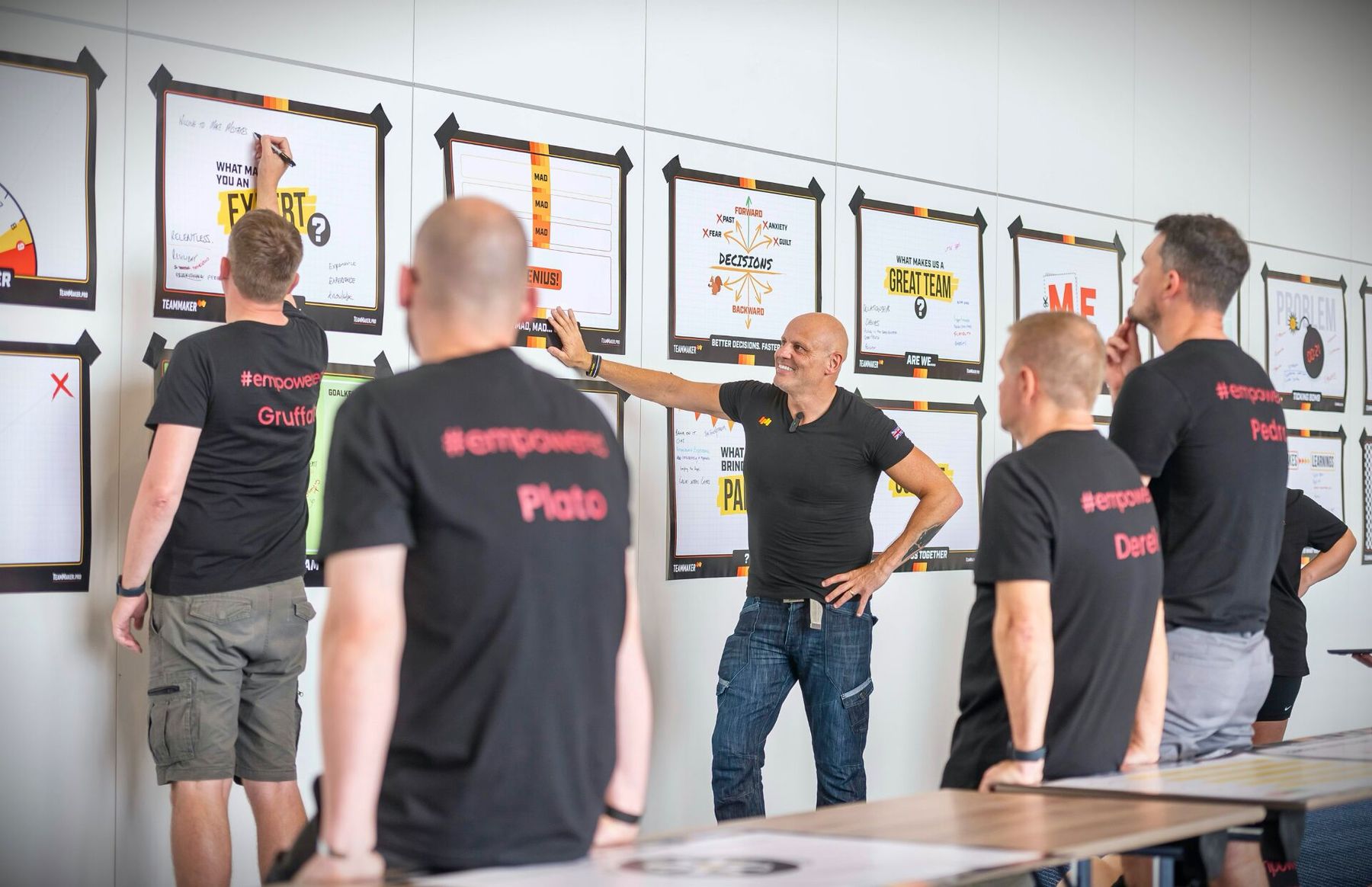 Brad running a Teammaker.pro workshop with a team in #empowered t-shirts writing on a wall of branded canvases